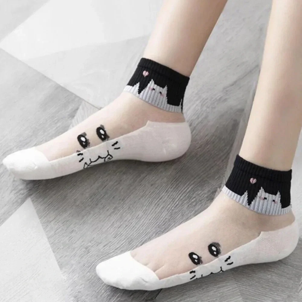 5 pair black white and sheer novelty ladies cat ankle socks cute